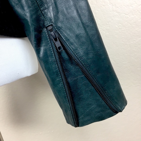 THEORY Maisie Leather Colorblock Moto Crop Jacket LARGE Green Bomber Designer - Picture 6 of 8